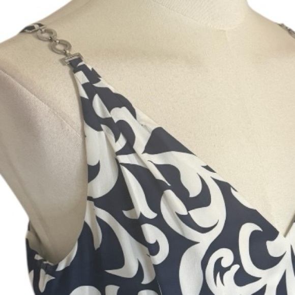 ANN TAYLOR Navy Blue White Floral 100% Silk Sleeveless Midi Dress Hawaiian Sz 4‎ - Picture 3 of 8